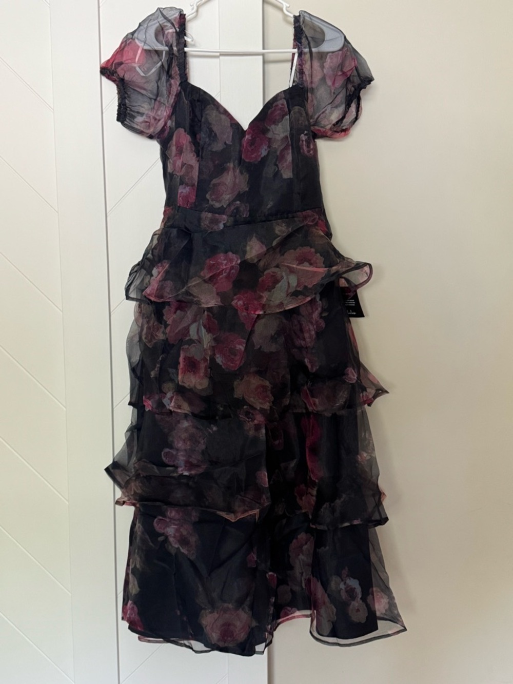 Lulus Navy Floral Organza Tiered Midi Dress Puff Sleeve Size XS NWT - Picture 5 of 10